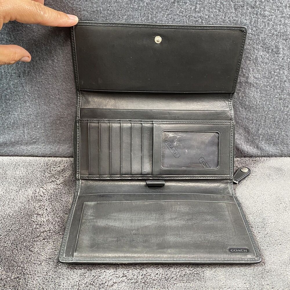 Vintage Coach Legacy Black Leather Trifold Checkbook Wallet Silver Zip Organizer - Picture 3 of 12